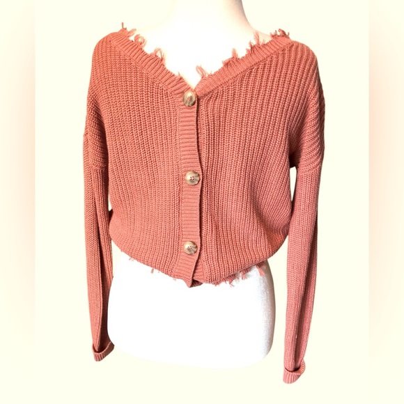 Francesca’s moon & madison Frayed Hem Reversible Pink Cotton Cardigan sz S - Picture 4 of 12